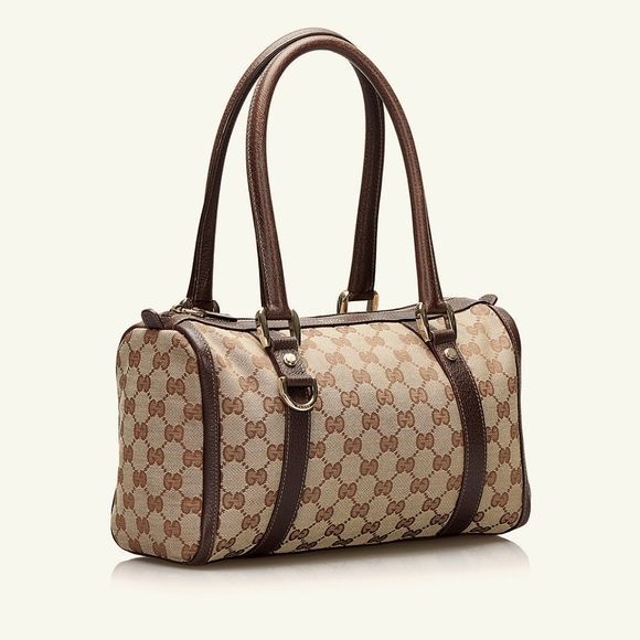 Gucci Handbags - Gucci Beige Logo Canvas and Brown Leather Satchel